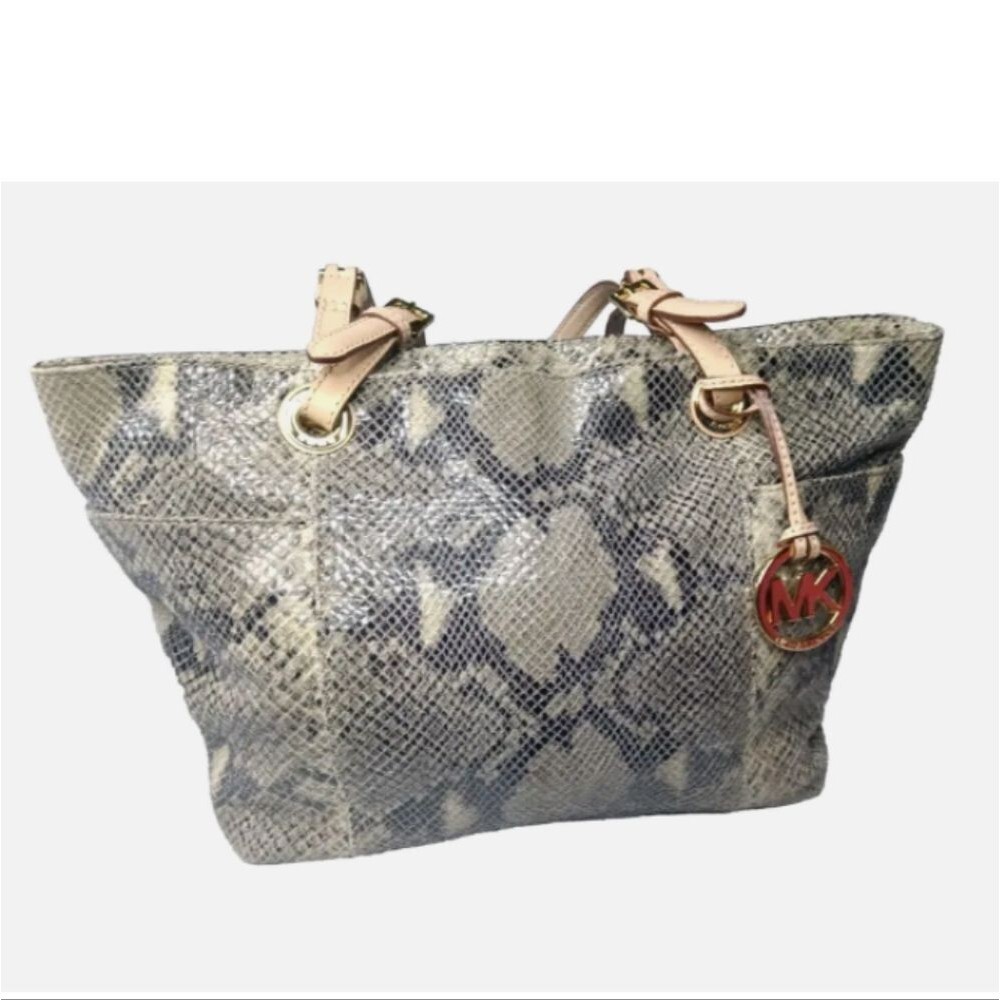 Michael Kors North South Tote Python Embossed Beige~Black Leather Handbag - Picture 3 of 13
